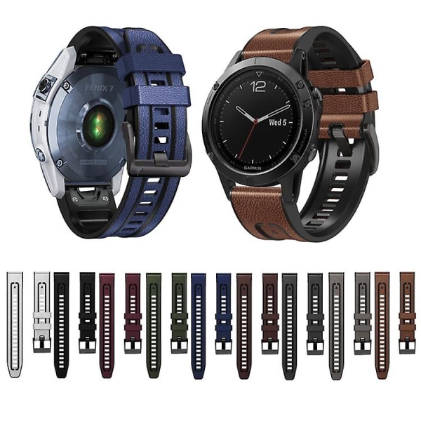 Til Garmin Fenix ​​7x Silikone + Læder Quick Release Urrem Wine Red