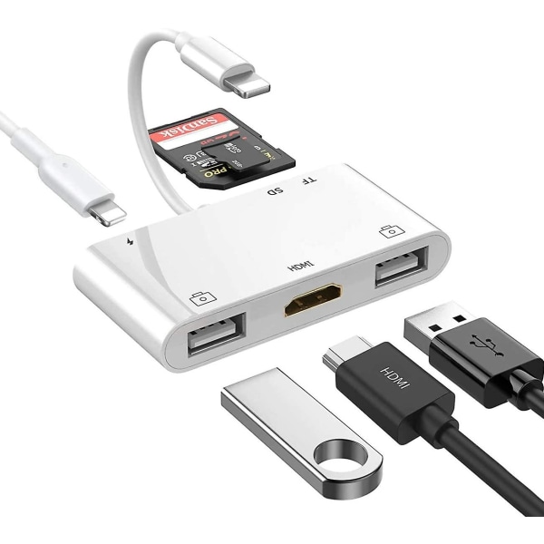 Lightning Hub Ipad-adapter, 6-i-1 Lightning til HDMI Digital Av-konverter, Tf & SD-kortlæser, Usb-kameraadapter, strømforsyning