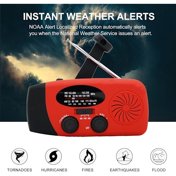 Nödhandvevradio med solpanel, LED-ficklampa med 2000mAh mobil strömförsörjning Röd
