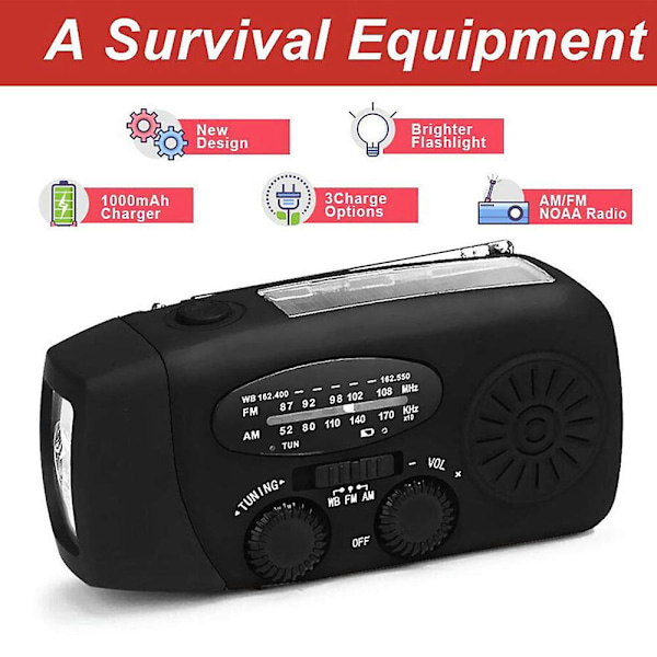 Fiauli Multifunktionell solhandvev USB utomhuscamping nöd LED-ljusradio Black