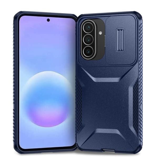Fodral till Samsung Galaxy A36, Stötsäkert skyddsfodral med skjutbart linsskydd (blå)