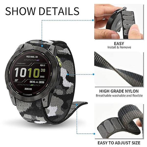 För Garmin Fenix ​​7x krok-och-ögla fästen nylon watch Black Grey