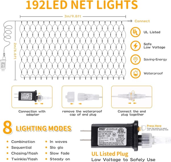 192 LED Net Lys Udendørs Net Lys, 8 Tilstande Net Lys til Buske Stik i, Vandtætte Jule Net Lys til Buske Loft Bryllup