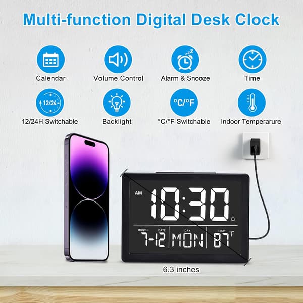 Vækkeur 6,3\" LED Digital Kalender 12/24H Sort