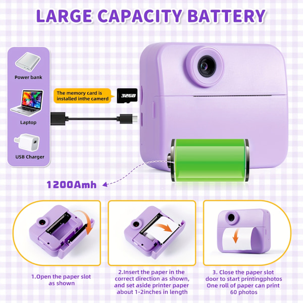 Digitalt Kamera Børn Instant Print Kamera Dobbelt 1080P Hd Kamera Lilla