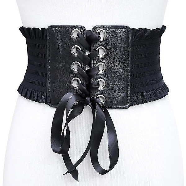 Kvinnors midjeband stretch PU läder wrap spets upp hög midja stil bälte Black