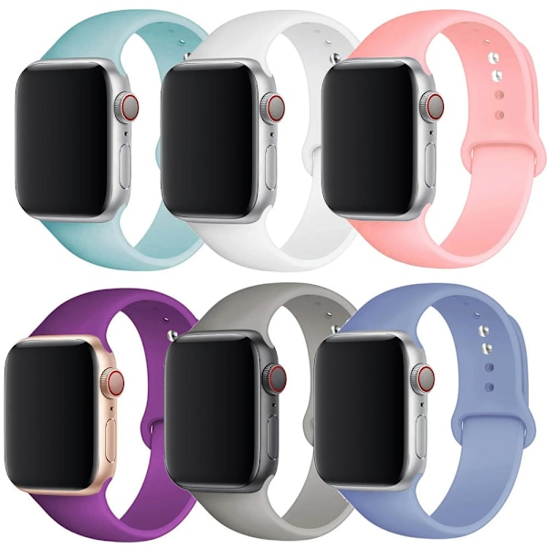 6-pack silikonband för Apple Watch-band 40mm 38mm 44mm 42mm 41mm 45mm kvinnor män, mjukt silikon vattentätt sportband ersättningsarmband