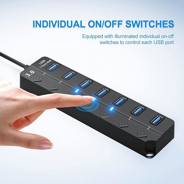 USB-hubb 3.0, 7-portars USB-hubbsplitter med individuella på/av-brytare och lampor, 3,2ft/1m lång kabel kompatibel med MacBook, bärbar dator, Surface Pro Black