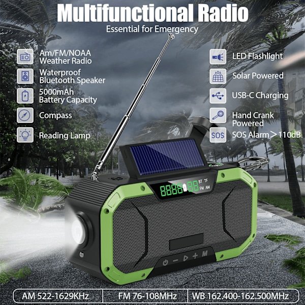 Emergency Weather Radio, 5000mAh Solar Hand Crank Radio, AM FM NOAA Weather Alert Radio med Bluetooth-høyttalere/ lommelykt/ SOS, grønn