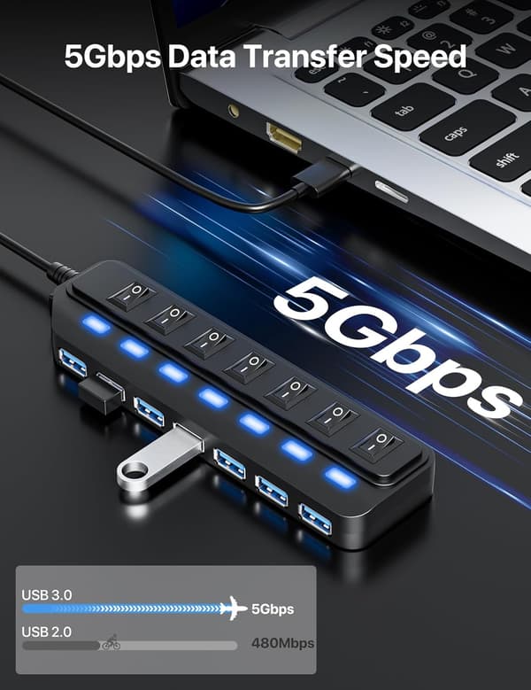 7 Port USB 3.0 Hub med Individuel On/Off, 5Gbps HighSpeed Data USB adapter til Laptop, MacBook