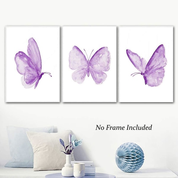 Sæt med 3 - Butterfly Wall Art Prints, plakat med lilla sommerfugl, farverig Butterfly Wall Art Canvas Plakat til piger