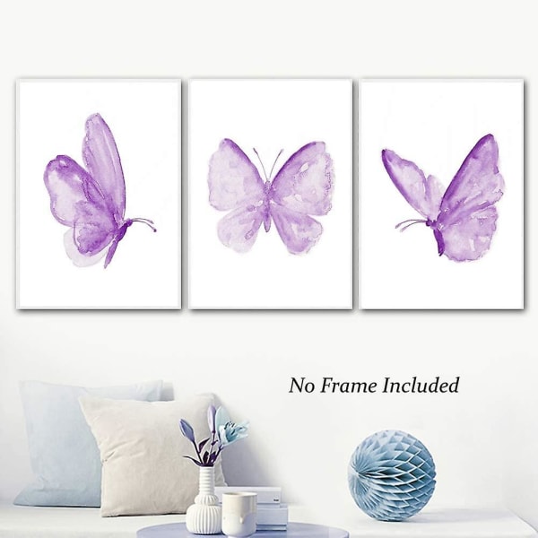 Set med 3 - Fjärilsväggkonsttryck, affisch med lila fjäril, färgglad fjärilsväggkonst Canvasaffisch för flickor