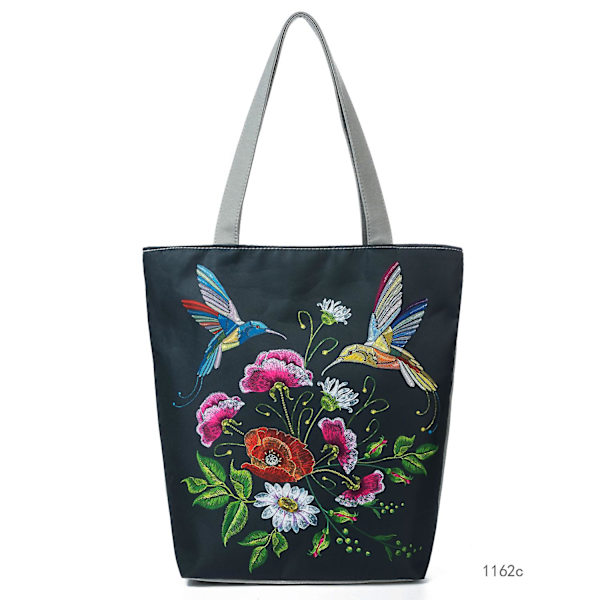 Håndveske med brodert blomster og fugletrykk Bærbar allsidig skulderveske s1