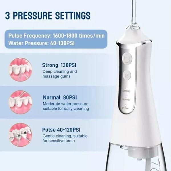 Oral irrigator 5 munstycken 3 lägen USB 300 ml vit tank