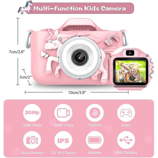 Børne kamera, digitalt kamera til børn 20 Mp foto & 1080p Hd video/dobbelt objektiv/selfie kamera/ 8x zoom/automatisk slukning/32gb Tf-kort medfølger, pink