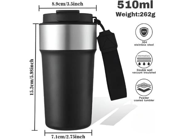 Bærbar 304 kaffetermos i rustfritt stål 510 ml, stor kapasitet med sugerør, håndtak Grey