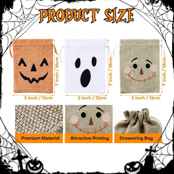 6 stk gjenbrukbare Halloween-gaveposer i burlap med snøring 13x18cm White