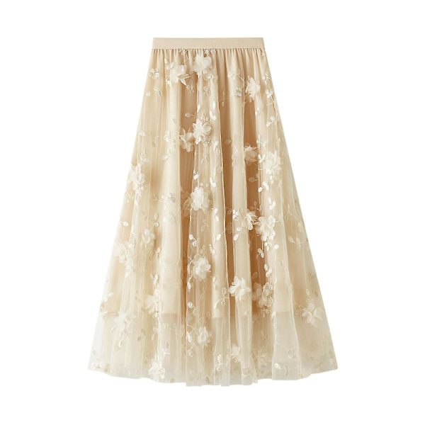 Langt tyl tutu nederdel til kvinder 3d blomsterbroderi ensfarvet højtaljet mesh midi swingnederdel Beige
