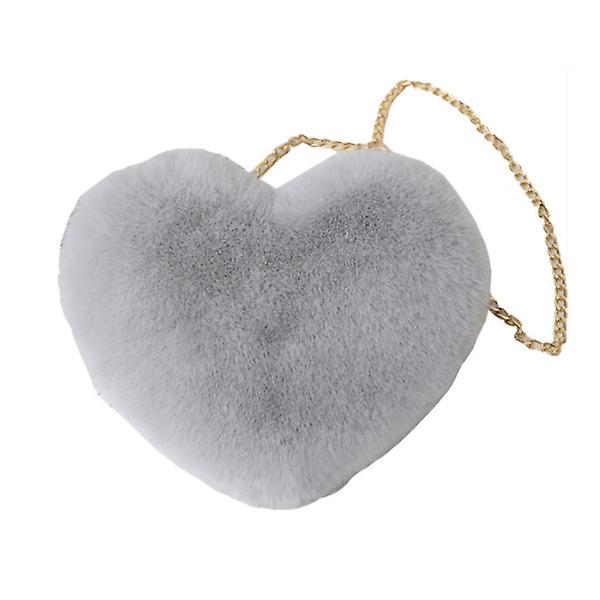 Mote kvinners hjerteformede håndvesker Søt Kawaii fuskepels Crossbody-vesker Lommebok Veske Plysjkjede skulderveske Grey