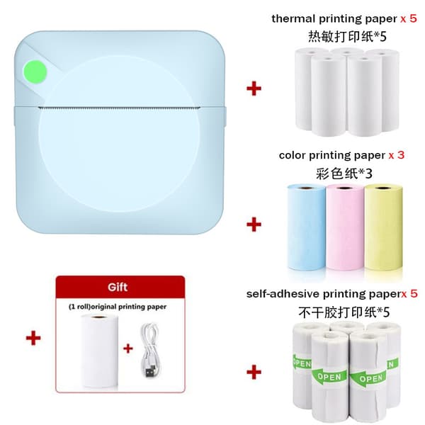 Mini Bluetooth Termisk Printer blækfri etiketprinter med 14 ruller trykpapir, blå