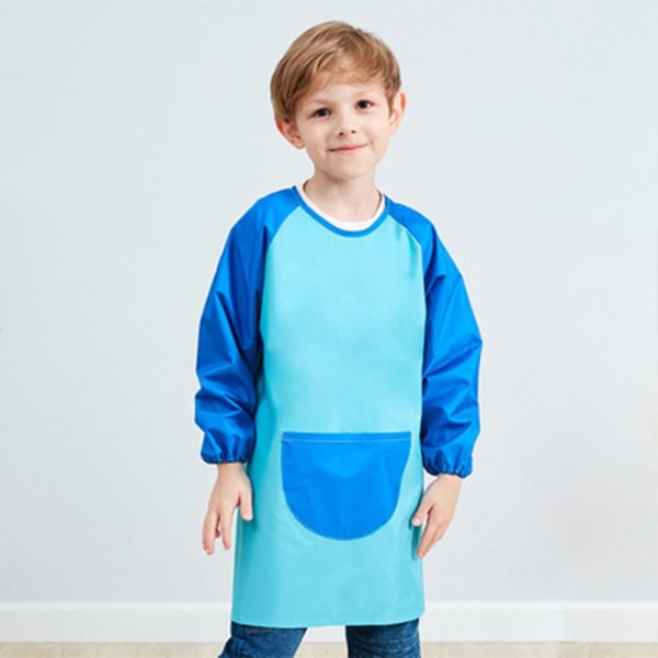 Unisex gutter, jenter Vanntett kunstsmokk Barn maleforklær med lommer Langermet og ermeløs alder 6-9 år Light blue