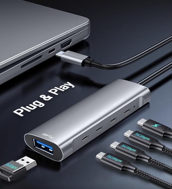 USB C Hub-adapter, dokkingstasjon for bærbar PC med 3 5 Gbps USB-C-data, PD 60W for MacBook Pro, iPad Pro