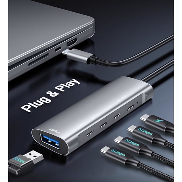 USB C Hub-adapter, Laptop Docking Station med 3 5Gbps USB-C Data, PD 60W til MacBook Pro, iPad Pro