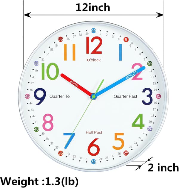 Väckarklocka 12 tum Pedagogisk Klocka Barn Analog Färgglad Sovrum Väggklocka Silver