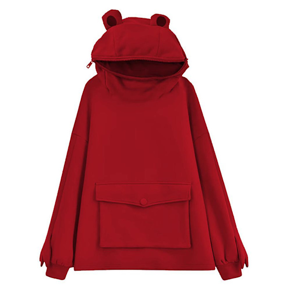 Pullover Damtröja för tjejer Söt Groda Luvtröja Blixtlås Mun Casual Lös tunika Söt Cosplay kostymtröjor med fickor Red M
