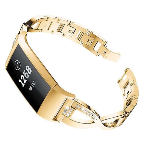 X-formet diamantbesatt metallstålklokkerem for Fitbit Charge 3 Gold