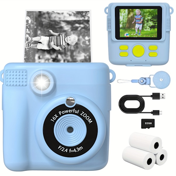 Digitalkamera Barn Instant Print Kamera 32Gb Blå