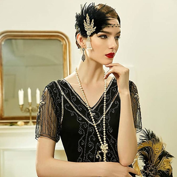 Art Deco Flapper Leaf Bryllup Brude Tiara Pearl Headpiece Hodebånd Black