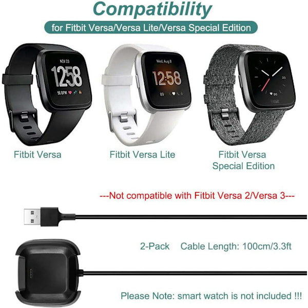 Laddare för Fitbit Versa 1/Versa Lite/Versa Se, Ersättningsladdningsdocka Kabel Kompatibel med Fitbit (2-pack)