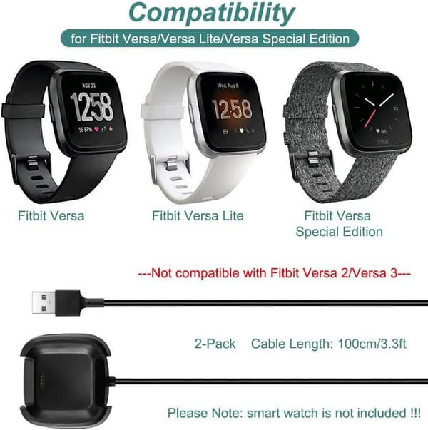 Lader for Fitbit Versa 1/Versa Lite/Versa Se, erstatningsladingstasjonkabel kompatibel med Fitbit (2-pakning)