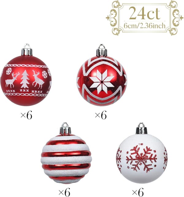 Malte plastjulekuler, knusesikre for juletrepynt (6 cm - 24 stk)