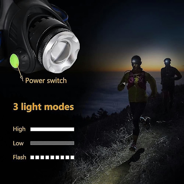 Kraftig og oppladbar LED-hodelykt med 3 LED-hodelyktmoduser for fiske, sykling, fotturer, løping og camping