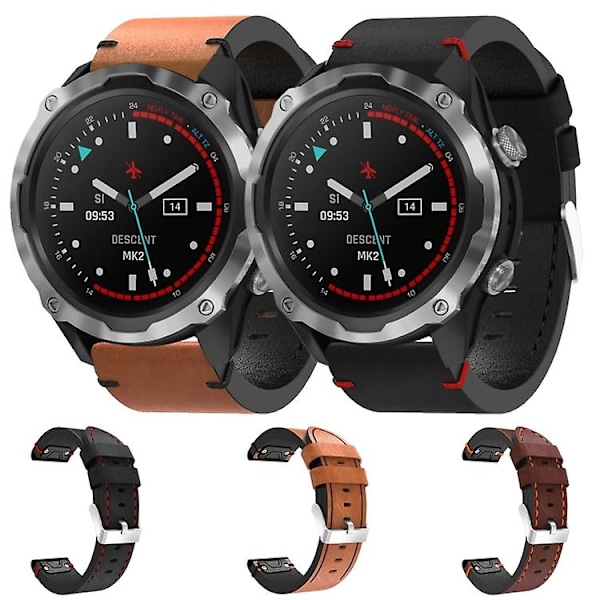 Til Garmin Descent Mk 2 26mm læder sutur stålspænde urbånd Black