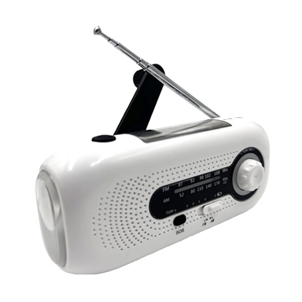 Nødradio med håndsveiv og 2000mAh backup-batteri, hvit