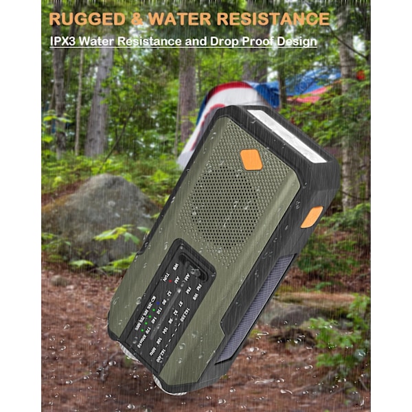 Nødradio med håndsveiv og 3 LED-lommelykter, egnet for innendørs og utendørs camping, Army Green