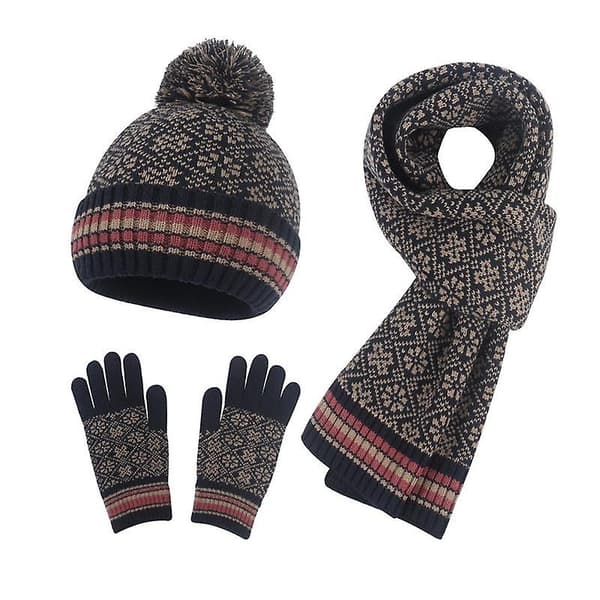 Snefnug Print Beanie Hat Halstørklær Touch Screen Handsker Sæt med Pom til Kvinder navy