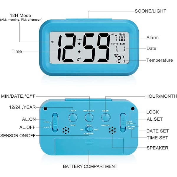 Väckarklocka LED Digital Stor Display Snooze Nattlampa Blå
