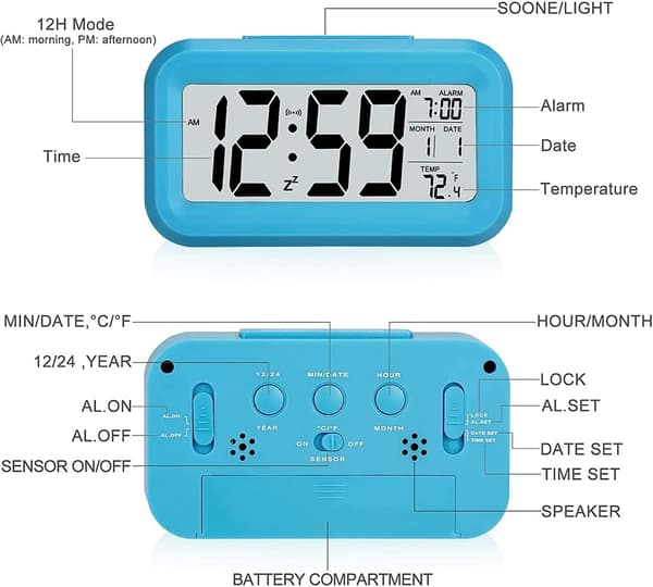 Vækkeur LED Digitalt Stort Display Snooze Natlys Blå