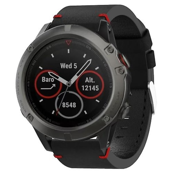 Til Garmin Fenix ​​5x Sapphire 26mm Læder Sutur Stål Spænde Urbånd Black