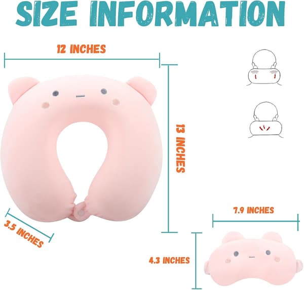 Resekudde i memory foam för barn med sovmask (rosa björn)