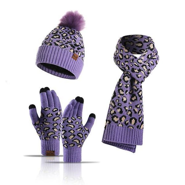 Winter Warm Knit Beanie Hat Scarf Set Touchscreen hansker for kvinner Purple