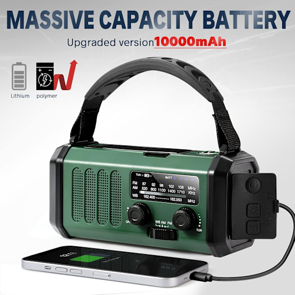 10000mAh Solcelledrevet Håndsving Radio, USB Type-C Opladning, Operativsystem Alarm, Camping Kompas Grøn