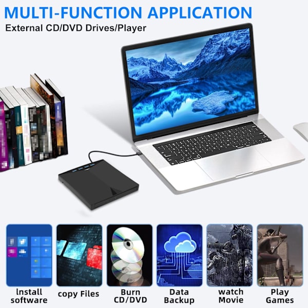 7-i-1 extern CD DVD-enhet för bärbar dator, USB 3.0 USB C Bärbar CD/DVD ROM +/-RW DVD-spelare med TF/SD-kortplatser