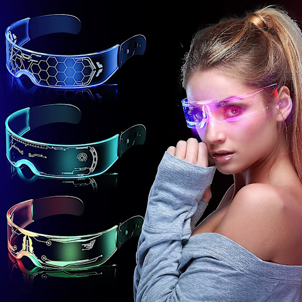 3 stk Led visirbriller, 7 farger og 5 modi futuristiske briller Cyberpunk Light Up Goggles selvlysende briller