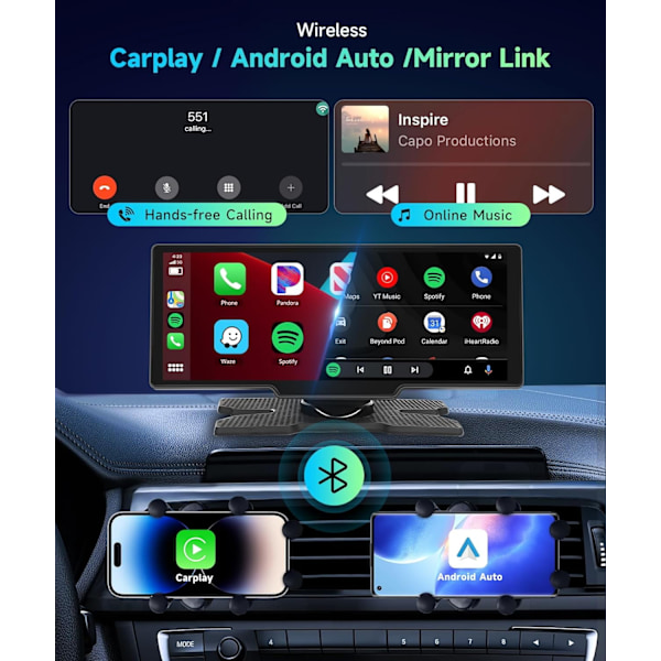 Bærbar Apple Carplay Trådløs Bil Stereo Android Skærm, 10,26 Tommer IPS Touchscreen Bilradio