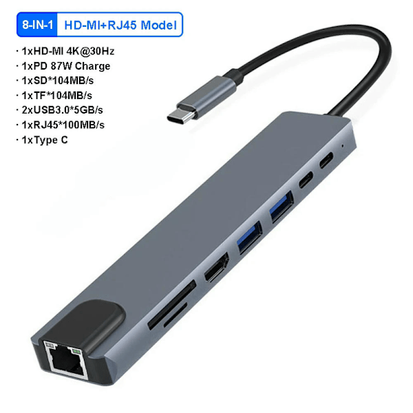 Feylan USB C -keskitin 4K 30Hz tyypin C HDMI-yhteensopivaan USB 3.0 -sovittimeen 11 in 1 tyypin C -keskitin telakka PD 87W USB C -jakaja MacBook Pro Airille 8-in-1